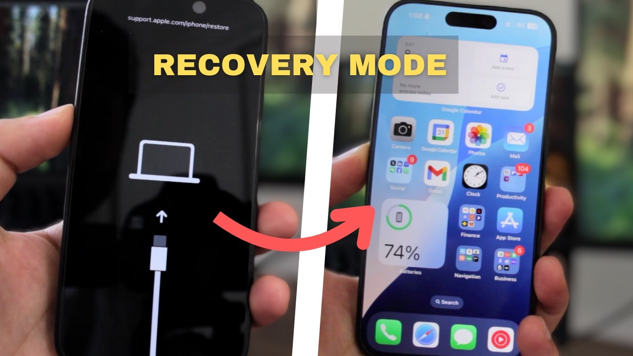 iPhone 15 Recovery Mode screen showing cable and computer icon for password reset when Face ID fails