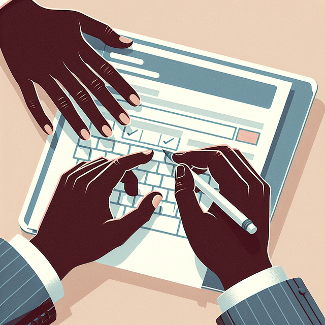 close-up of hands typing on a form online