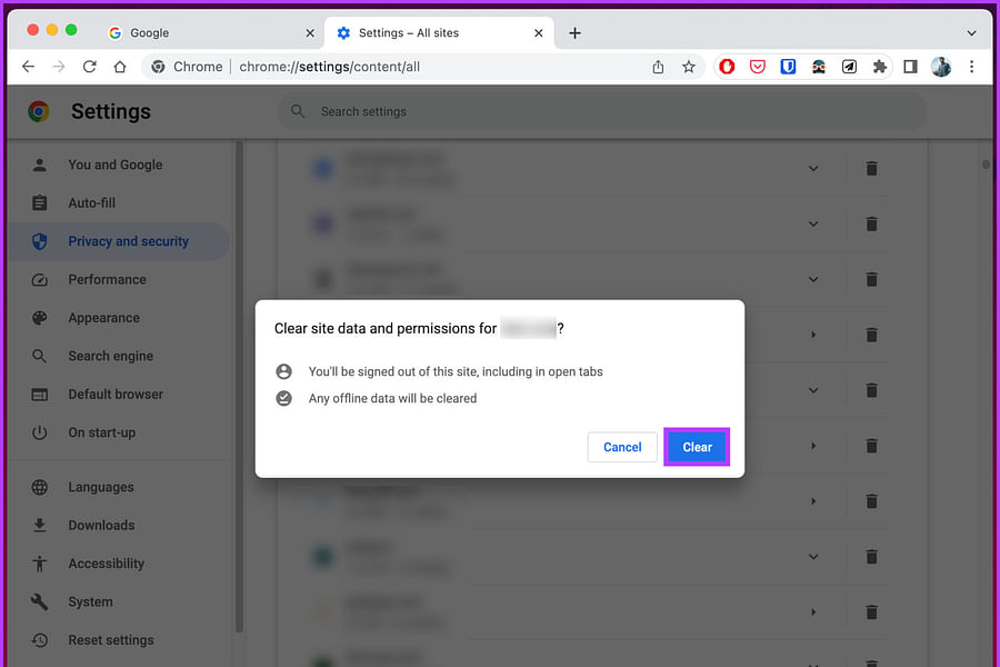 Google Chrome clear cache and cookies screenshot