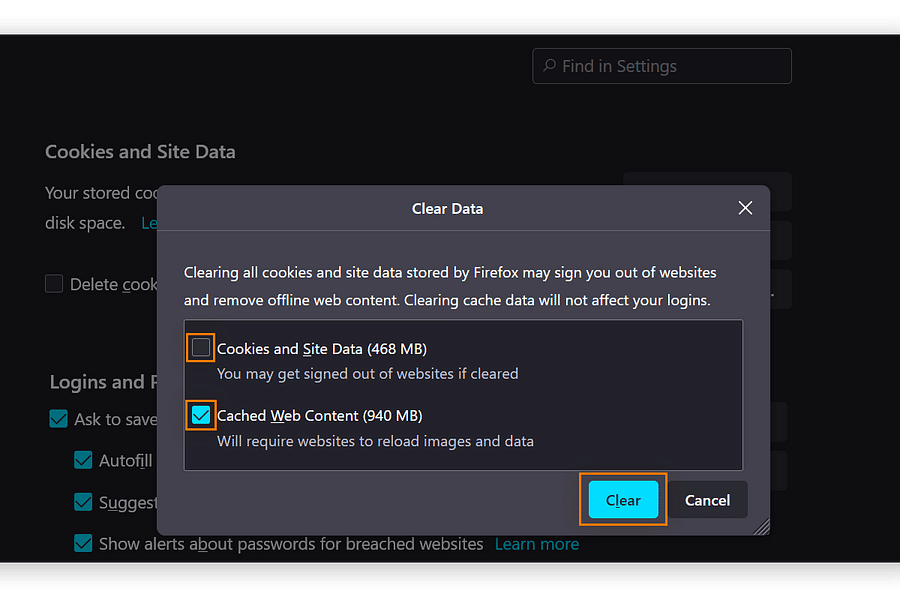 Mozilla Firefox clear cache and cookies instructions