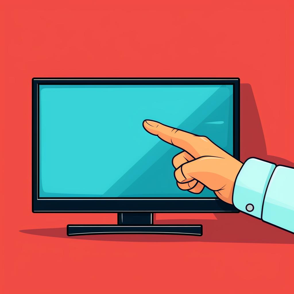 Hand pointing at the power button on an Insignia TV