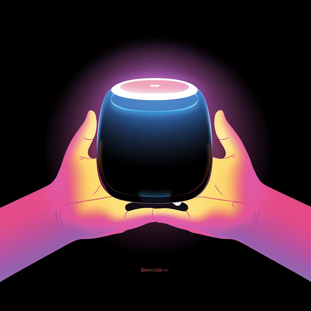 Hand holding the top of a glowing HomePod