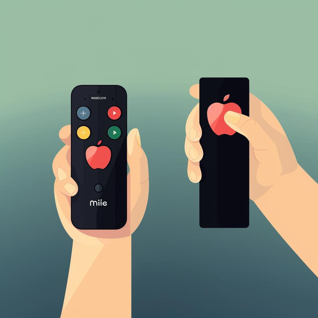 Hands holding an Apple TV remote near the Apple TV box, pressing the 'Menu' and 'Volume Up' buttons.